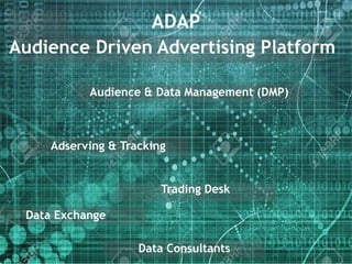 ADAP
Audience Driven Advertising Platform
Audience & Data Management (DMP)
Adserving & Tracking
Trading Desk
Data Exchange
Data Consultants
 