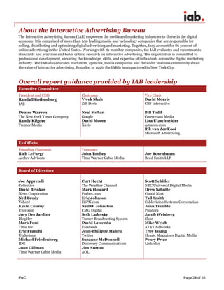 PwC Page 24 of 26 
About the Interactive Advertising Bureau 
The Interactive Advertising Bureau (IAB) empowers the media and marketing industries to thrive in the digital economy. It is comprised of more than 650 leading media and technology companies that are responsible for selling, distributing and optimizing digital advertising and marketing. Together, they account for 86 percent of online advertising in the United States. Working with its member companies, the IAB evaluates and recommends standards and practices and fields critical research on interactive advertising. The organization is committed to professional development, elevating the knowledge, skills, and expertise of individuals across the digital marketing industry. The IAB also educates marketers, agencies, media companies and the wider business community about the value of interactive advertising. Founded in 1996, the IAB is headquartered in New York City. 
Overall report guidance provided by IAB leadership Executive Committee 
President and CEO 
Randall Rothenberg IAB 
Denise Warren 
The New York Times Company 
Randy Kilgore 
Tremor Media 
Chairman 
Vivek Shah Ziff Davis 
Neal Mohan 
Google 
David Moore 
Xaxis 
Vice Chair 
David Morris 
CBS Interactive 
Bill Todd 
Conversant Media 
Lisa Utzschneider 
Amazon.com 
Rik van der Kooi Microsoft Advertising 
Board of Directors 
Joe Apprendi Collective 
David Brinker 
News Corporation 
Ned Brody 
Yahoo! 
Kevin Conroy Univision 
Jory Des Jardins 
BlogHer 
Mark Ford 
Time Inc. 
Eric Franchi 
Undertone 
Michael Friedenberg 
IDG 
Joan Gillman Time Warner Cable Media 
Curt Hecht 
The Weather Channel 
Mark Howard 
Forbes.com 
Eric Johnson 
ESPN.com 
Neil O. Johnston 
CMG Digital 
Seth Ladetsky 
Turner Broadcasting System 
David Lawenda 
Facebook 
Jean-Philippe Maheu 
Twitter 
Suzanne McDonnell 
Discovery Communications 
Jim Norton 
AOL 
Scott Schiller 
NBC Universal Digital Media 
Drew Schutte 
Condé Nast 
Tad Smith 
Cablevision Systems Corporation 
John Trimble 
Pandora 
Jacob Weisberg 
Slate 
Mike Welch 
AT&T AdWorks 
Troy Young 
Hearst Magazines Digital Media 
Penry Price 
LinkedIn 
Ex-Officio 
Founding Chairman 
Rich LeFurgy Archer Advisors 
Treasurer 
John Toohey 
Time Warner Cable Media 
Joe Rosenbaum Reed Smith LLP  