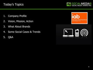 Today’s TopicsCompany Profile Vision, Mission, ActionWhat About BrandsSome Social Cases & Trends Q&A4