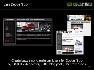 43Case Dodge NitroCreate buzz among male car lovers for Dodge Nitro5,000,000 video views, +400 blog posts, 159 test drives
