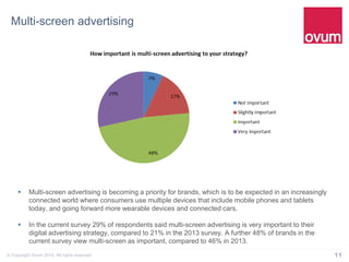 11© Copyright Ovum 2014. All rights reserved.
Multi-screen advertising
 Multi-screen advertising is becoming a priority for brands, which is to be expected in an increasingly
connected world where consumers use multiple devices that include mobile phones and tablets
today, and going forward more wearable devices and connected cars.
 In the current survey 29% of respondents said multi-screen advertising is very important to their
digital advertising strategy, compared to 21% in the 2013 survey. A further 48% of brands in the
current survey view multi-screen as important, compared to 46% in 2013.
 