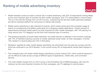 13© Copyright Ovum 2014. All rights reserved.
Ranking of mobile advertising inventory
 Mobile websites continue to take a central role in mobile advertising, with 22% of respondents ranking these
as the most important type of inventory for their mobile campaigns, and 11% ranking them in second place.
This is in line with the findings from our 2013 survey, underscoring the fact that mobile optimized websites
are still an important platform for consumers to interact with brands.
 Mobile search advertising is also important to brands, which makes sense given the increased usage of
search on smartphones and tablets, particularly for m-shopping related applications. Sixteen percent of
respondents prioritized mobile search as most important for their mobile campaigns, with 14% placing it in
close second and 11% flagging it as the third most important type of inventory.
 The growing popularity of social media interaction via mobile devices is reflected in the inventory rankings,
with 14% of marketers placing a priority on mobile optimized social media for their campaigns. A further
10% ranked it in second place and 14% in third place.
 Marketers’ appetite for static mobile display advertising has diminished over the past two surveys and this
trend has continued in our 2014 iteration. In the current survey 6% of respondents ranked static displays in
first.
 Few marketers give rich media mobile display advertising a priority ranking (4%), which could be because it
can be difficult to scale across a range of different types of applications, mobile sites, and connected
devices.
 The most notable change from our 2013 survey is the diminished role of SMS/messaging, with only 5%
ranking it as the most important inventory for their campaigns, and 7% placing it in second place.
 