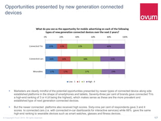 17© Copyright Ovum 2014. All rights reserved.
Opportunities presented by new generation connected
devices
 Marketers are clearly mindful of the potential opportunities presented by newer types of connected device along side
established platforms in the shape of smartphones and tablets. Seventy-three per cent of brands gave connected TVs
a high-end ranking of 3 or 4 (4 being the highest), which makes sense as these are the more prevalent and
established type of next generation connected devices.
 But the newer connected platforms also received high scores. Sixty-nine per cent of respondents gave 3 and 4
scores to connected cars (i.e. with connected in-car dashboards for interactive services) while 66% gave the same
high-end ranking to wearable devices such as smart watches, glasses and fitness devices.
 