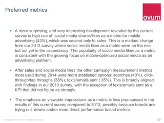 27© Copyright Ovum 2014. All rights reserved.
Preferred metrics
 A more surprising, and very interesting development revealed by the current
survey is high use of social media shares/likes as a metric for mobile
advertising (43%), which was second only to sales. This is a marked change
from our 2013 survey where social media likes as a metric were on the rise
but not yet in the ascendancy. The popularity of social media likes as a metric
is consistent with the growing focus on mobile-optimized social media as an
advertising platform.
 After sales and social media likes the other campaign measurement metrics
most used during 2014 were more stablished options: searches (40%), click-
through/tap throughs (38%), texts/emails sent ( 35%). This is broadly aligned
with findings in our 2013 survey, with the exception of texts/emails sent as a
KPI that did not figure as strongly.
 The emphasis on viewable impressions as a metric is less pronounced in the
results of this current survey compared to 2013, possibly because brands are
trying out newer and/or more direct performance based metrics.
 