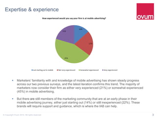 3© Copyright Ovum 2014. All rights reserved.
Expertise & experience
 Marketers’ familiarity with and knowledge of mobile advertising has shown steady progress
across our two previous surveys, and the latest iteration confirms this trend. The majority of
marketers now consider their firm as either very experienced (21%) or somewhat experienced
(45%) in mobile advertising.
 But there are still members of the marketing community that are at an early phase in their
mobile advertising journey, either just starting out (14%) or still inexperienced (22%). These
brands will require support and guidance, which is where the IAB can help.
 