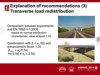 Explanation of recommendations (3)
Transverse load redistribution
• Comparison between experiments
and EN 1992-1-1:2005
• based on normal distribution
• characteristic value at least 1.25
• Combination with β = av /2dl and
enhancement factor 1.25
βnew = av /2.5dl
for 0.5dl ≤ av ≤ 2.5dl
 