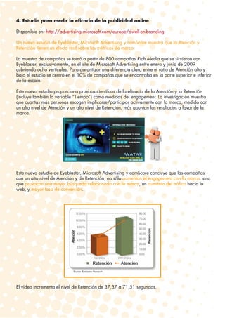 4. Estudio para medir la eficacia de la publicidad online

Disponible en: http://advertising.microsoft.com/europe/dwell-on-branding

Un nuevo estudio de Eyeblaster, Microsoft Advertising y comScore muestra que la Atención y
Retención tienen un efecto real sobre las métricas de marca.

La muestra de campañas se tomó a partir de 800 campañas Rich Media que se sirvieron con
Eyeblaster, exclusivamente, en el site de Microsoft Advertising entre enero y junio de 2009
cubriendo ocho verticales. Para garantizar una diferencia clara entre el ratio de Atención alto y
bajo el estudio se centró en el 10% de campañas que se encontraba en la parte superior e inferior
de la escala.

Este nuevo estudio proporciona pruebas científcas de la eficacia de la Atención y la Retención
(incluye también la variable “Tiempo”) como medidas del engagement. La investigación muestra
que cuantas más personas escogen implicarse/participar activamente con la marca, medido con
un alto nivel de Atención y un alto nivel de Retención, más apuntan los resultados a favor de la
marca.




Este nuevo estudio de Eyeblaster, Microsoft Advertising y comScore concluye que las campañas
con un alto nivel de Atención y de Retención, no sólo aumentan el engagement con la marca, sino
que provocan una mayor búsqueda relacionada con la marca, un aumento del tráfico hacia la
web, y mayor tasa de conversión.




El vídeo incrementa el nivel de Retención de 37,37 a 71,51 segundos.
 