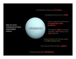The diameter of Uranus is 51,118 km


                                             Its distance from the sun is 19 AU



                                                 Uranus’ approximate density is
                                                 1.27 grams per cubic
Now for some                                     centimeter
interesting but fairly
meaningless              URANUS!                 Atmosphere: 82.5% molecular
metrics                                          hydrogen, 15.2% helium and
                                                 2.3% methane


                                           Uranus travels at an average speed
                                           of 15,290 miles per hour


                                       The mass of Uranus is about 8,684.9.


                         Average temperature -350 degrees.
 