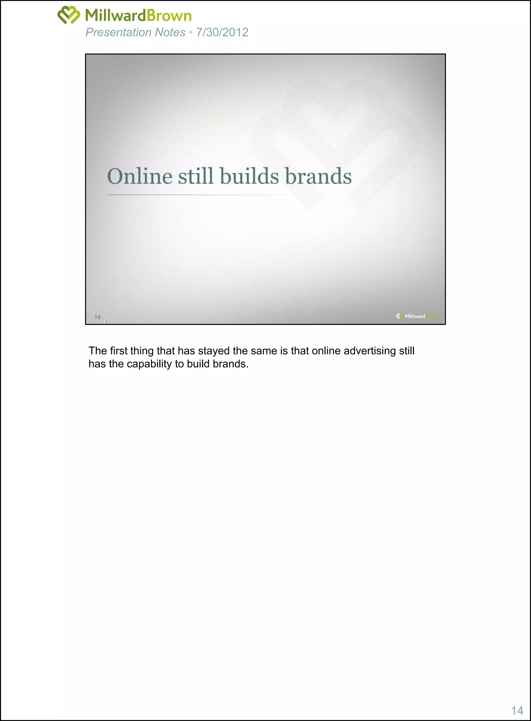 Presentation Notes • 7/30/2012




The first thing that has stayed the same is that online advertising still
has the capability to build brands.




                                                                            14
 