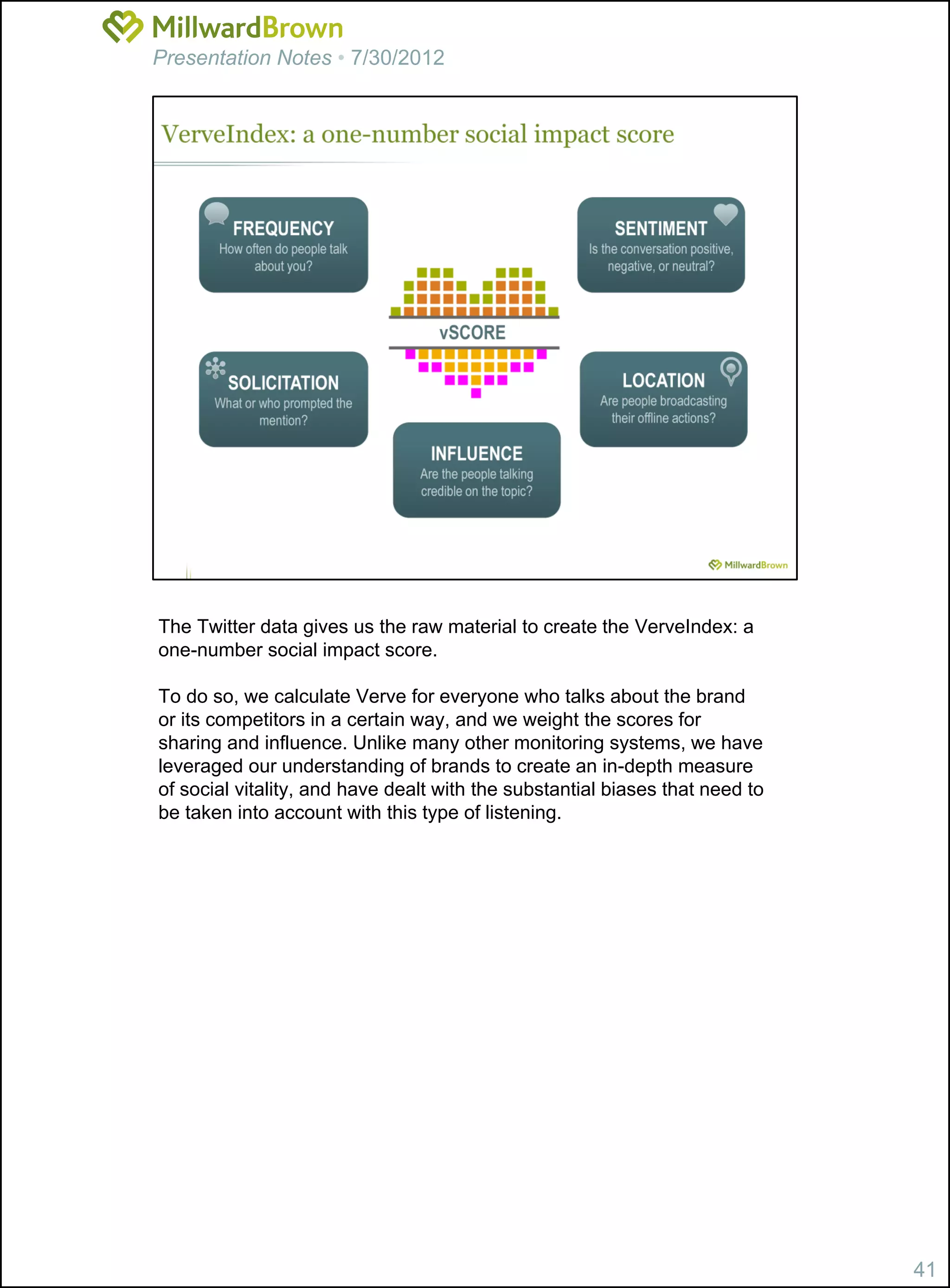 Presentation Notes • 7/30/2012




The Twitter data gives us the raw material to create the VerveIndex: a
one-number social impact score.

To do so, we calculate Verve for everyone who talks about the brand
or its competitors in a certain way, and we weight the scores for
sharing and influence. Unlike many other monitoring systems, we have
leveraged our understanding of brands to create an in-depth measure
of social vitality, and have dealt with the substantial biases that need to
be taken into account with this type of listening.




                                                                              41
 