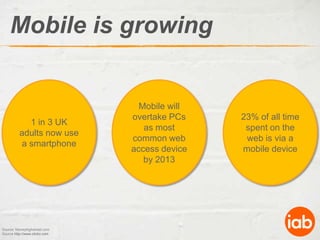 Mobile is growing1 in 3 UK adults now use a smartphoneMobile will overtake PCs as most common web access device by 201323% of all time spent on the web is via a mobile deviceSource: Moneyhighstreet.comSource http://www.clickz.com