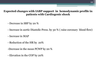 12
Expected changes with IABP support in hemodynamic profile in
patients with Cardiogenic shock
- Decrease in SBP by 20 %
- Increase in aortic Diastolic Press. by 30 % ( raise coronary blood flow)
- Increase in MAP
- Reduction of the HR by 20%
-Decrease in the mean PCWP by 20 %
- Elevation in the COP by 20%
 
