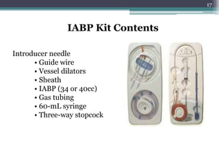 17
Introducer needle
• Guide wire
• Vessel dilators
• Sheath
• IABP (34 or 40cc)
• Gas tubing
• 60-mL syringe
• Three-way stopcock
IABP Kit Contents
 