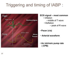 27
ECG signal – most common
• Inflation
- middle of T wave
• Deflation
– peak of R wave
• Pacer (v/a)
• Arterial waveform
• An intrinsic pump rate
( CPB)
Triggering and timing of IABP :
 