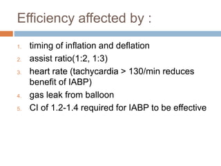 Efficiency affected by :
1. timing of inflation and deflation
2. assist ratio(1:2, 1:3)
3. heart rate (tachycardia > 130/min reduces
benefit of IABP)
4. gas leak from balloon
5. CI of 1.2-1.4 required for IABP to be effective
 