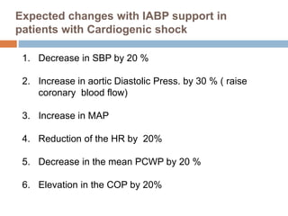 Expected changes with IABP support in
patients with Cardiogenic shock
1. Decrease in SBP by 20 %
2. Increase in aortic Diastolic Press. by 30 % ( raise
coronary blood flow)
3. Increase in MAP
4. Reduction of the HR by 20%
5. Decrease in the mean PCWP by 20 %
6. Elevation in the COP by 20%
 
