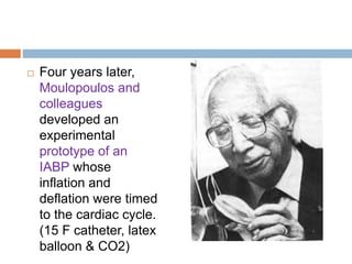  Four years later,
Moulopoulos and
colleagues
developed an
experimental
prototype of an
IABP whose
inflation and
deflation were timed
to the cardiac cycle.
(15 F catheter, latex
balloon & CO2)
 