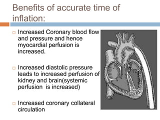 Benefits of accurate time of
inflation:
 Increased Coronary blood flow
and pressure and hence
myocardial perfusion is
increased.
 Increased diastolic pressure
leads to increased perfusion of
kidney and brain(systemic
perfusion is increased)
 Increased coronary collateral
circulation
 