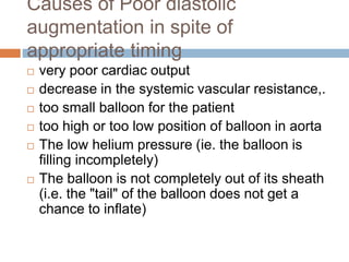 Causes of Poor diastolic
augmentation in spite of
appropriate timing
 very poor cardiac output
 decrease in the systemic vascular resistance,.
 too small balloon for the patient
 too high or too low position of balloon in aorta
 The low helium pressure (ie. the balloon is
filling incompletely)
 The balloon is not completely out of its sheath
(i.e. the "tail" of the balloon does not get a
chance to inflate)
 