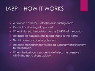 IABP – HOW IT WORKS
 A flexibile catheter – into the descending aorta.
 Correct positioning – Important
 When inflated, the balloon blocks 85-90% of the aorta.
 This balloon displaces the blood that is in the aorta.
 This is known as counter pulsation
 This sudden inflation moves blood superiorly and inferiorly
to the balloon.
 When the balloon is suddenly deflated, the pressure
within the aorta drops quickly.
 