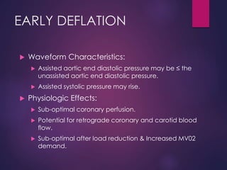 EARLY DEFLATION
 Waveform Characteristics:
 Assisted aortic end diastolic pressure may be ≤ the
unassisted aortic end diastolic pressure.
 Assisted systolic pressure may rise.
 Physiologic Effects:
 Sub-optimal coronary perfusion.
 Potential for retrograde coronary and carotid blood
flow.
 Sub-optimal after load reduction & Increased MV02
demand.
 
