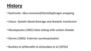 History
• Kantrovitz- Idea conceived/Hemidiaphragm wrapping
• Clauss- Systolic blood drainage and diastolic transfusion
• Moulopoulos (1961)-latex tubing with carbon dioxide
• Dennis (1963)- External counterpulsation
• Buckley et al/Mundth et al/Jacobey et al (1970s)
 