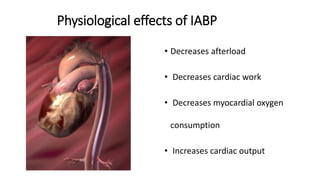 Physiological effects of IABP
• Decreases afterload
• Decreases cardiac work
• Decreases myocardial oxygen
consumption
• Increases cardiac output
 