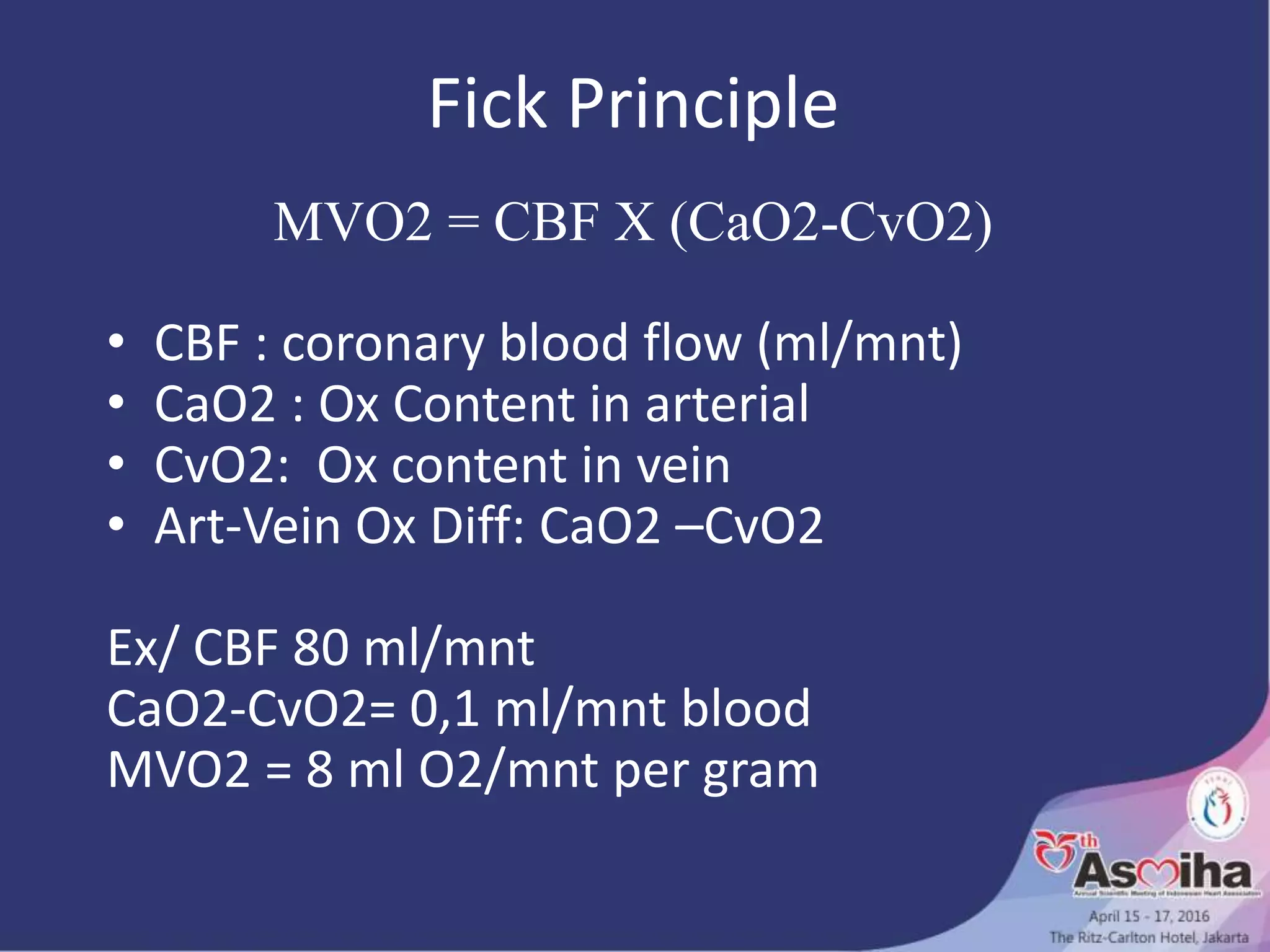 Fick Principle
MVO2 = CBF X (CaO2-CvO2)
• CBF : coronary blood flow (ml/mnt)
• CaO2 : Ox Content in arterial
• CvO2: Ox content in vein
• Art-Vein Ox Diff: CaO2 –CvO2
Ex/ CBF 80 ml/mnt
CaO2-CvO2= 0,1 ml/mnt blood
MVO2 = 8 ml O2/mnt per gram
 