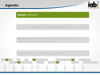 Agenda

                Missão IAB Brasil



                IAB Brasil - iniciativas para desenvolver o mercado digital



                Resultados de investimento e participação de
                mercado frente a outras mídias



                Projeção do mercado digital para 2012
                   10:00
08:00


        09:09




                           11:00

                                   12:00


                                           13:00


                                                   14:00


                                                           15:00


                                                                   16:00


                                                                           17:00
 