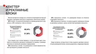17
Мнения экспертов по поводу того, относится ли критерий клаттера для
баннеров к критериям лояльности, разделились практически поровну.
52% считают, что количество баннеров на странице должно быть огра-
ничено, и 48% экспертов с этим не согласны.
Если говорить про in-stream форматы, то под клаттером здесь пони-
мается не количество рекламных сообщений на странице, а размеще-
ние блока из нескольких рекламных видеороликов.
33% опрошенных считают, что размещение in-stream форматов бло-
ком противоречит условиям лояльности.
24% опрошенных считают, что размещение блоком не относится
к критериям лояльности.
43% опрошенных отметили, что можно выделить требования к блокам
из рекламных роликов с целью соответствия критериям лояльности.
Среди экспертов, которые были готовы выделить критерии лояльно-
сти для размещения блоком, мнения разделились следующим образом:
Клаттер
и рекламные
блоки
Как количество баннеров на
странице соотносится с их
лояльностью?
48,44%
51,56%
■ Количество баннеров
на странице должно быть
ограничено
■ Количество баннеров
на странице не влияет на
лояльность
Как размещение in-stream
форматов блоком соотносится
с их лояльностью?
43,00%
24,00%
33,33%
■ Размещение in-stream
блоком не влияет на
лояльность
■ Не должны
размещаться блоком
■ Иное
 