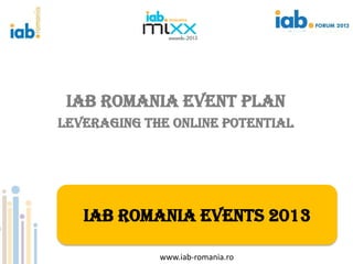 IAB ROMANIA EVENT PLAN
LEVERAGING THE ONLINE POTENTIAL




    IAB Romania events 2013

             www.iab-romania.ro
 