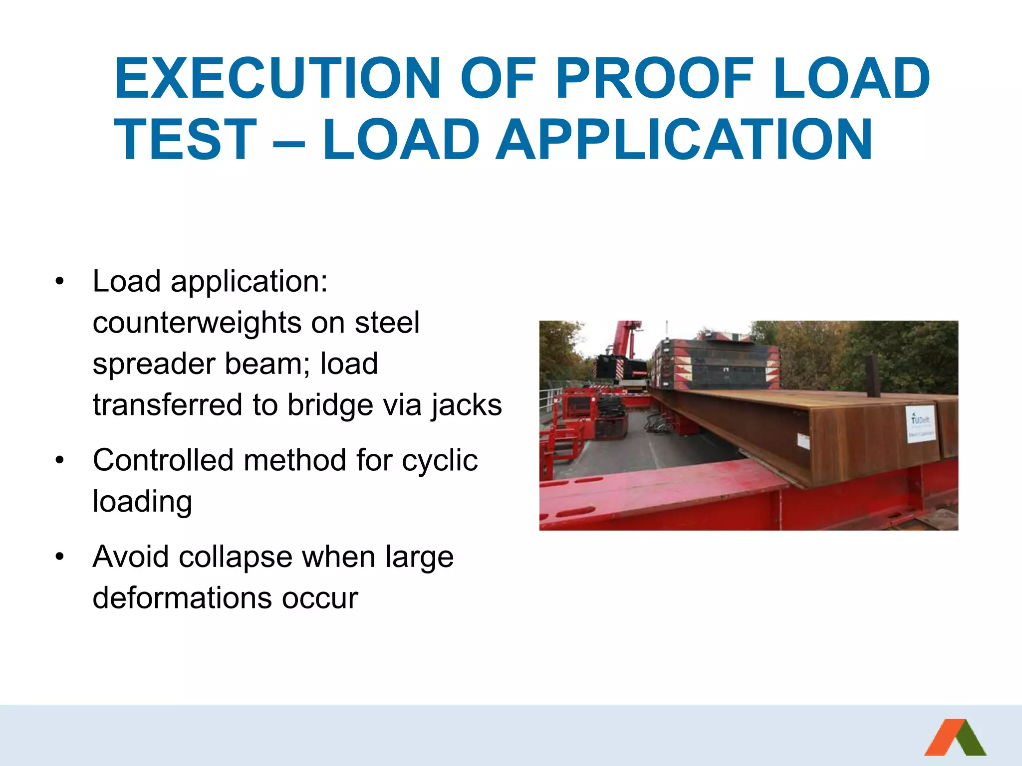 EXECUTION OF PROOF LOAD
TEST – LOAD APPLICATION
• Load application:
counterweights on steel
spreader beam; load
transferred to bridge via jacks
• Controlled method for cyclic
loading
• Avoid collapse when large
deformations occur
 