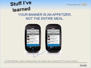 Presented for



              YOUR BANNER IS AN APPETIZER,
                 NOT THE ENTIRE MEAL.




In Dell A/B test, us...