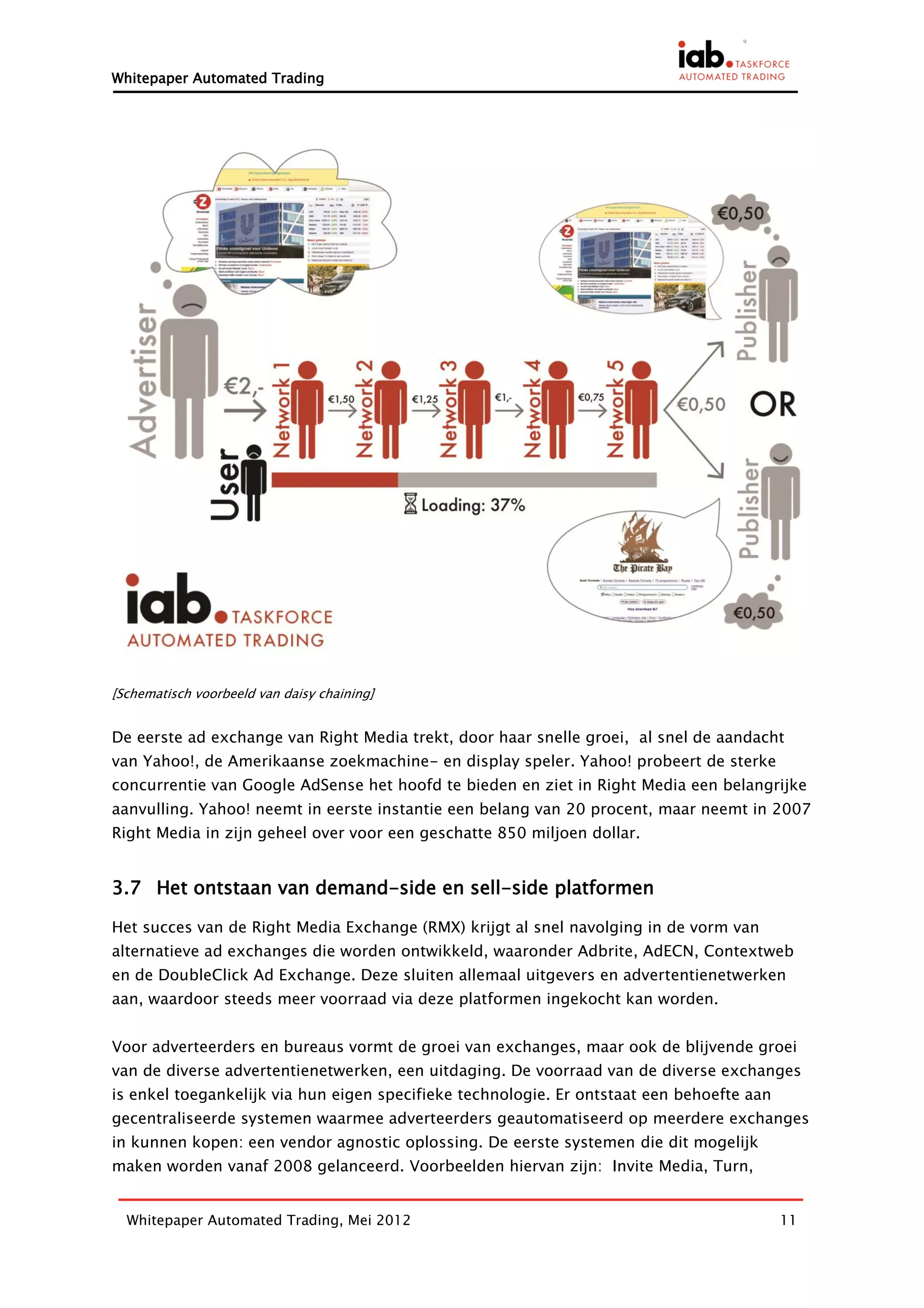 Whitepaper Automated Trading




[Schematisch voorbeeld van daisy chaining]


De eerste ad exchange van Right Media trekt, door haar snelle groei, al snel de aandacht
van Yahoo!, de Amerikaanse zoekmachine- en display speler. Yahoo! probeert de sterke
concurrentie van Google AdSense het hoofd te bieden en ziet in Right Media een belangrijke
aanvulling. Yahoo! neemt in eerste instantie een belang van 20 procent, maar neemt in 2007
Right Media in zijn geheel over voor een geschatte 850 miljoen dollar.


3.7 Het ontstaan van demand-side en sell-side platformen

Het succes van de Right Media Exchange (RMX) krijgt al snel navolging in de vorm van
alternatieve ad exchanges die worden ontwikkeld, waaronder Adbrite, AdECN, Contextweb
en de DoubleClick Ad Exchange. Deze sluiten allemaal uitgevers en advertentienetwerken
aan, waardoor steeds meer voorraad via deze platformen ingekocht kan worden.


Voor adverteerders en bureaus vormt de groei van exchanges, maar ook de blijvende groei
van de diverse advertentienetwerken, een uitdaging. De voorraad van de diverse exchanges
is enkel toegankelijk via hun eigen specifieke technologie. Er ontstaat een behoefte aan
gecentraliseerde systemen waarmee adverteerders geautomatiseerd op meerdere exchanges
in kunnen kopen: een vendor agnostic oplossing. De eerste systemen die dit mogelijk
maken worden vanaf 2008 gelanceerd. Voorbeelden hiervan zijn: Invite Media, Turn,


  Whitepaper Automated Trading, Mei 2012                                                   11
 