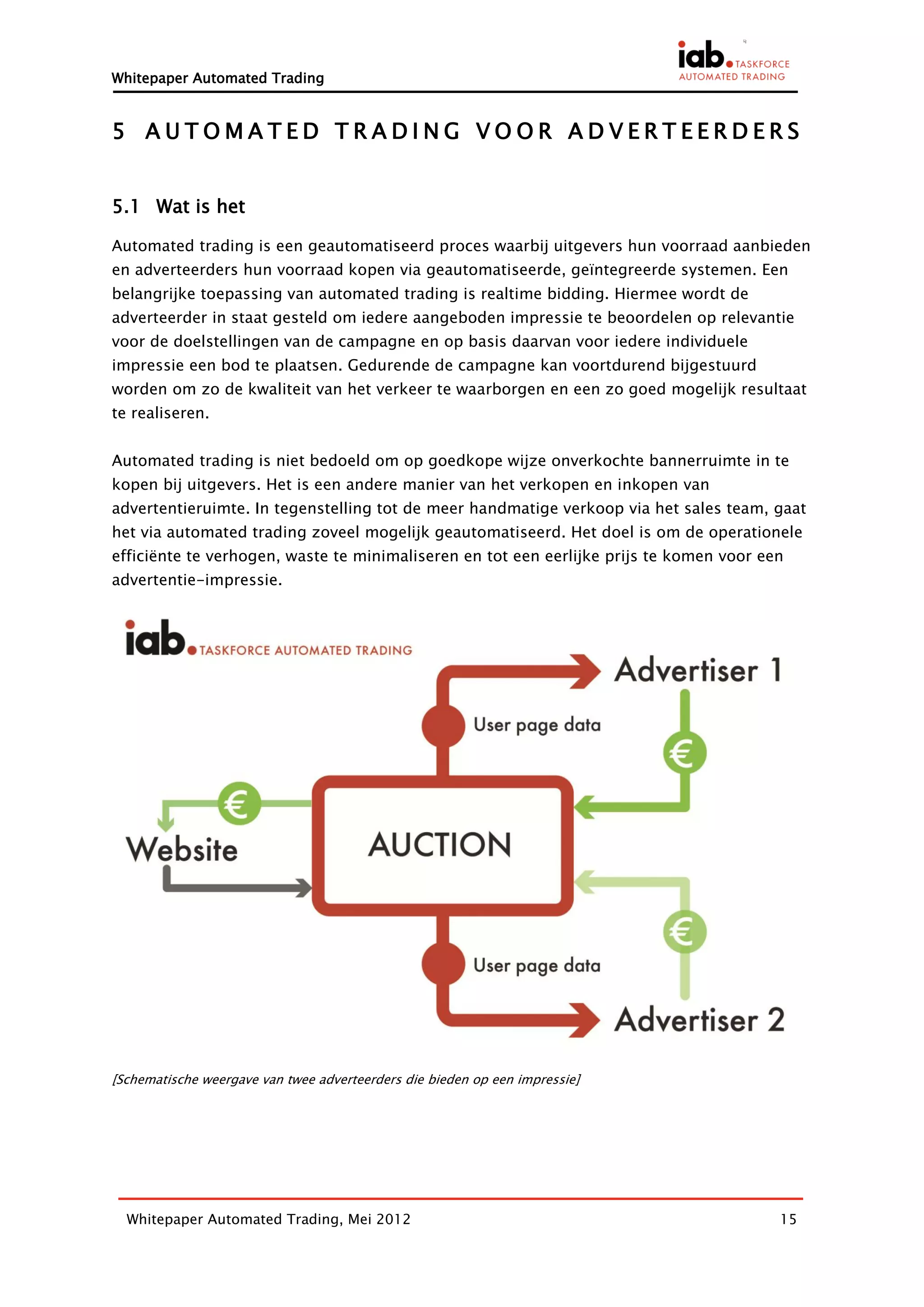 Whitepaper Automated Trading


5 AUTOMATED TRADING VOOR ADVERTEERDERS


5.1 Wat is het

Automated trading is een geautomatiseerd proces waarbij uitgevers hun voorraad aanbieden
en adverteerders hun voorraad kopen via geautomatiseerde, geïntegreerde systemen. Een
belangrijke toepassing van automated trading is realtime bidding. Hiermee wordt de
adverteerder in staat gesteld om iedere aangeboden impressie te beoordelen op relevantie
voor de doelstellingen van de campagne en op basis daarvan voor iedere individuele
impressie een bod te plaatsen. Gedurende de campagne kan voortdurend bijgestuurd
worden om zo de kwaliteit van het verkeer te waarborgen en een zo goed mogelijk resultaat
te realiseren.


Automated trading is niet bedoeld om op goedkope wijze onverkochte bannerruimte in te
kopen bij uitgevers. Het is een andere manier van het verkopen en inkopen van
advertentieruimte. In tegenstelling tot de meer handmatige verkoop via het sales team, gaat
het via automated trading zoveel mogelijk geautomatiseerd. Het doel is om de operationele
efficiënte te verhogen, waste te minimaliseren en tot een eerlijke prijs te komen voor een
advertentie-impressie.




[Schematische weergave van twee adverteerders die bieden op een impressie]




  Whitepaper Automated Trading, Mei 2012                                                 15
 
