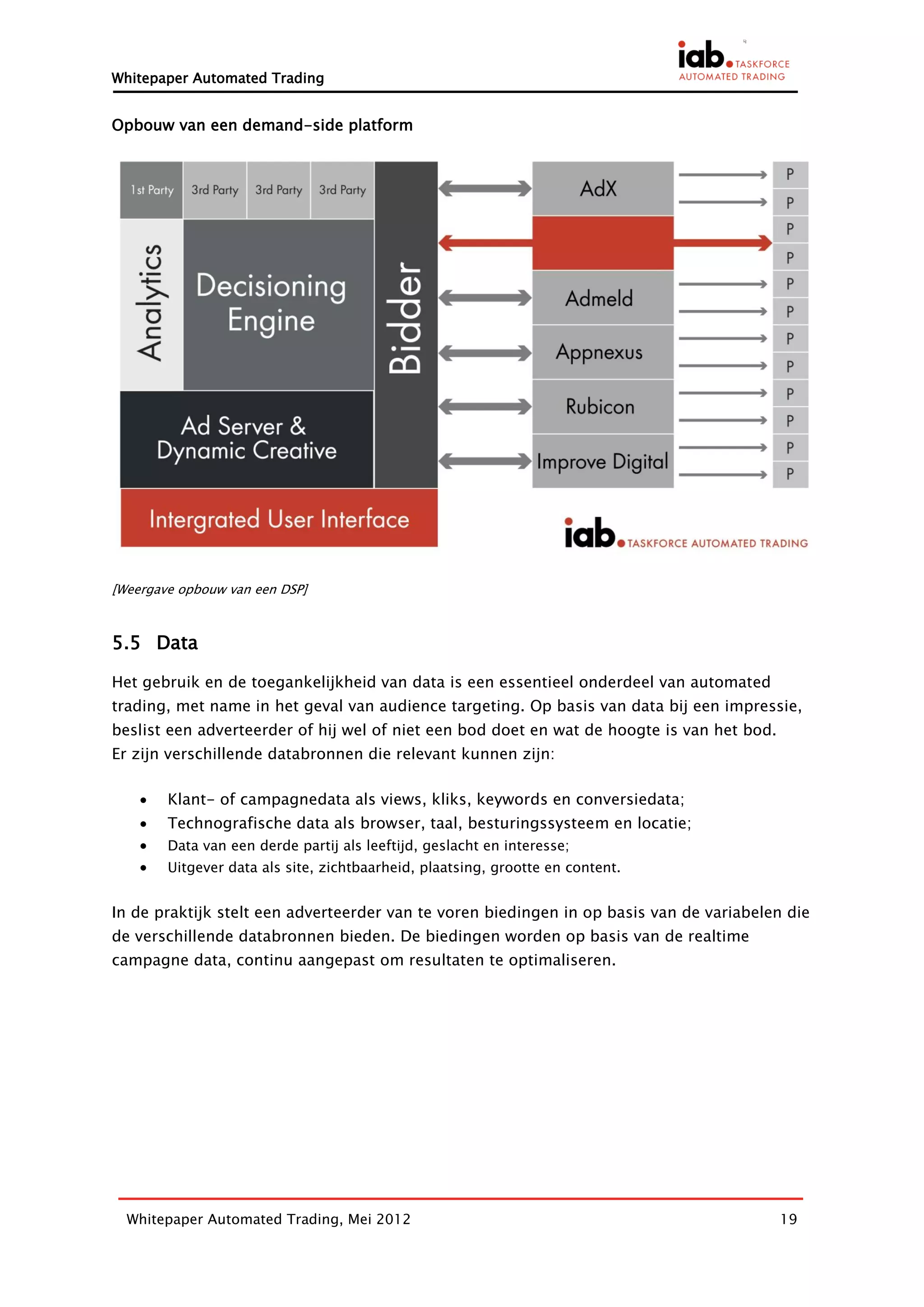Whitepaper Automated Trading


Opbouw van een demand-side platform




[Weergave opbouw van een DSP]



5.5 Data

Het gebruik en de toegankelijkheid van data is een essentieel onderdeel van automated
trading, met name in het geval van audience targeting. Op basis van data bij een impressie,
beslist een adverteerder of hij wel of niet een bod doet en wat de hoogte is van het bod.
Er zijn verschillende databronnen die relevant kunnen zijn:

       Klant- of campagnedata als views, kliks, keywords en conversiedata;
       Technografische data als browser, taal, besturingssysteem en locatie;
       Data van een derde partij als leeftijd, geslacht en interesse;
       Uitgever data als site, zichtbaarheid, plaatsing, grootte en content.


In de praktijk stelt een adverteerder van te voren biedingen in op basis van de variabelen die
de verschillende databronnen bieden. De biedingen worden op basis van de realtime
campagne data, continu aangepast om resultaten te optimaliseren.




  Whitepaper Automated Trading, Mei 2012                                                    19
 