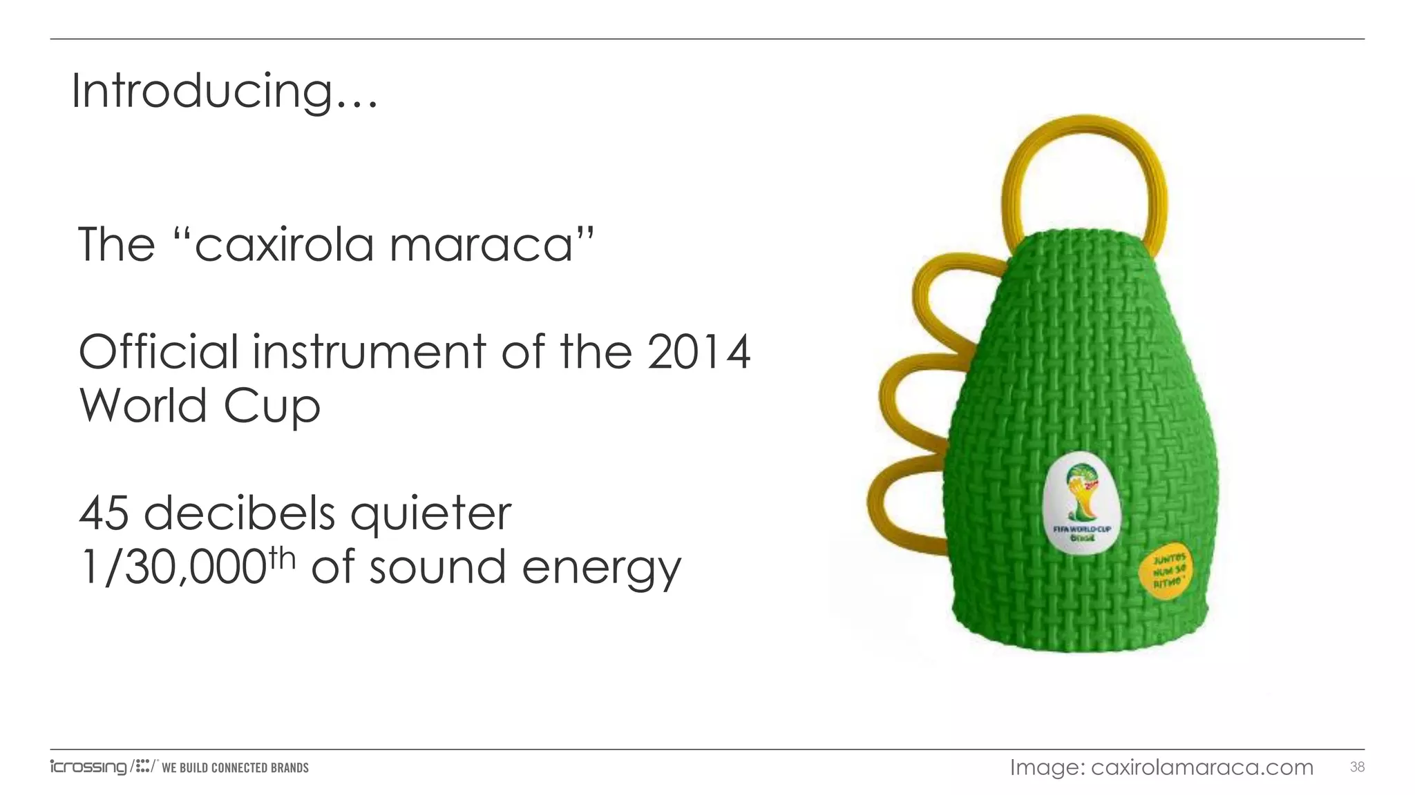 Introducing…
The “caxirola maraca”
Official instrument of the 2014
World Cup
45 decibels quieter
1/30,000th of sound energy

Image: caxirolamaraca.com

38

 