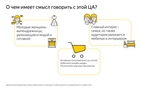 О чем имеет смысл говорить с этой ЦА?
Данные анализа аудитории промо-акции клиента с помощью системы машинного обучения Крипта, ноябрь 2016
Молодые женщины-
выпендрежницы,
увлекающиеся модой и
готовкой
Главный интерес -
семья, но также
аудитория увлекается
мебелью и интерьером
Активные пользователи соц-сетей,
любители онлайн-видео.
Посетители крупных магазинов.
 