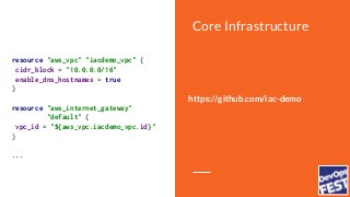 Core Infrastructure
output "vpc_id" {
value = "${aws_vpc.iacdemo_vpc.id}"
}
terraform {
backend "s3" {
key = "iacdemo.tfst...