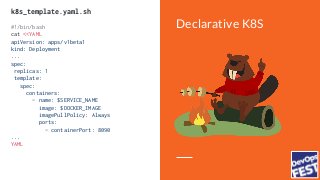 Declarative K8S
$ export DOCKER_IMAGE=hello:latest
$ export SERVICE_NAME=helloworld
$ k8s_template.yaml.sh | 
kubectl appl...