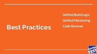Best Practices
Unified Build Logic
Unified Monitoring
Code Reviews
CI/CD
No Documentation
 