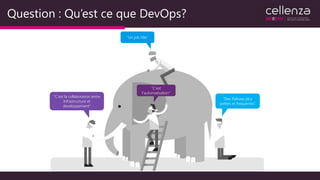 Question : Qu’est ce que DevOps?
“C’est la collaboration entre
Infrastructure et
developpement”
“Un job title”
“Des Release plus
petites et frequentes”
“C’est
l’automatisation”
 