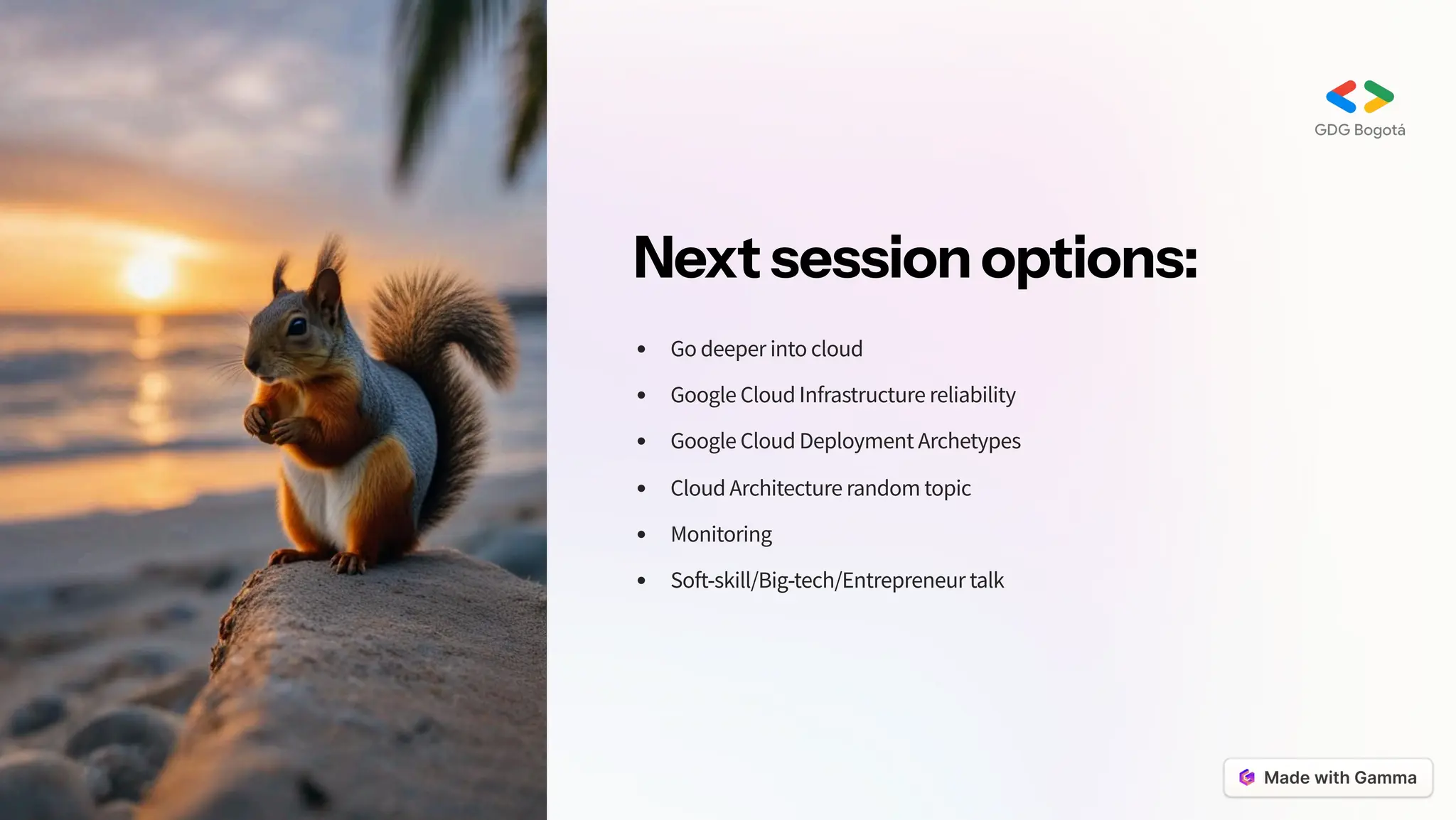 Nextsessionoptions:
Go deeper into cloud
Google Cloud Infrastructure reliability
Google Cloud Deployment Archetypes
Cloud Architecture random topic
Monitoring
Soft-skill/Big-tech/Entrepreneur talk
 