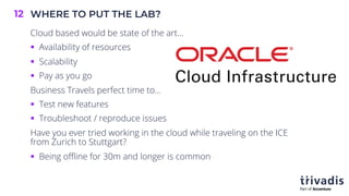 WHERE TO PUT THE LAB?
12
Cloud based would be state of the art…
§ Availability of resources
§ Scalability
§ Pay as you go
Business Travels perfect time to...
§ Test new features
§ Troubleshoot / reproduce issues
Have you ever tried working in the cloud while traveling on the ICE
from Zurich to Stuttgart?
§ Being offline for 30m and longer is common
 