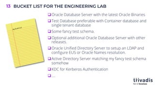 BUCKET LIST FOR THE ENGINEERING LAB
13
qOracle Database Server with the latest Oracle Binaries
qTest Database preferable with Container database and
single tenant database
qSome fancy test schema.
qOptional additional Oracle Database Server with other
releases.
qOracle Unified Directory Server to setup an LDAP and
configure EUS or Oracle Names resolution.
qActive Directory Server matching my fancy test schema
somehow
qKDC for Kerberos Authentication
q….
 