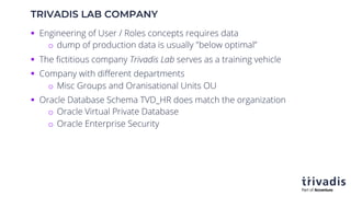 TRIVADIS LAB COMPANY
§ Engineering of User / Roles concepts requires data
o dump of production data is usually "below optimal”
§ The fictitious company Trivadis Lab serves as a training vehicle
§ Company with different departments
o Misc Groups and Oranisational Units OU
§ Oracle Database Schema TVD_HR does match the organization
o Oracle Virtual Private Database
o Oracle Enterprise Security
 
