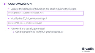 CUSTOMIZATION
31
scripts/00_init_environment.ps1
config/default_configuration.txt
§ Update the default configuration file prior initiating the scripts
§ Modify the 00_init_environment.ps1
§ Password are usually generated
o Can be predefined in default_pwd_windows.txt
 