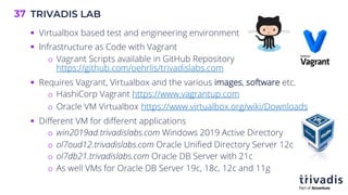 TRIVADIS LAB
37
§ Virtualbox based test and engineering environment
§ Infrastructure as Code with Vagrant
o Vagrant Scripts available in GitHub Repository
https://github.com/oehrlis/trivadislabs.com
§ Requires Vagrant, Virtualbox and the various images, software etc.
o HashiCorp Vagrant https://www.vagrantup.com
o Oracle VM Virtualbox https://www.virtualbox.org/wiki/Downloads
§ Different VM for different applications
o win2019ad.trivadislabs.com Windows 2019 Active Directory
o ol7oud12.trivadislabs.com Oracle Unified Directory Server 12c
o ol7db21.trivadislabs.com Oracle DB Server with 21c
o As well VMs for Oracle DB Server 19c, 18c, 12c and 11g
 