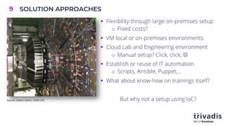 SOLUTION APPROACHES
9
§ Flexibility through large on-premises setup
o Fixed costs?
§ VM local or on-premises environments
§ Cloud Lab and Engineering environment
o Manual setup? Click, click, J
§ Establish or reuse of IT automation
o Scripts, Ansible, Puppet,…
§ What about know-how on trainings itself?
But why not a setup using IaC?
Source: Stefan Oehrli, CERN LHC
 