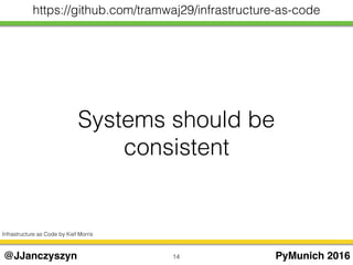 Systems should be
consistent
14 PyMunich 2016@JJanczyszyn
https://github.com/tramwaj29/infrastructure-as-code
Infrastructure as Code by Kief Morris
 